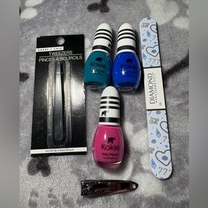 Kokie Nail Polish Trio with Tweezers & Nail File - Blue, Teal, Pink